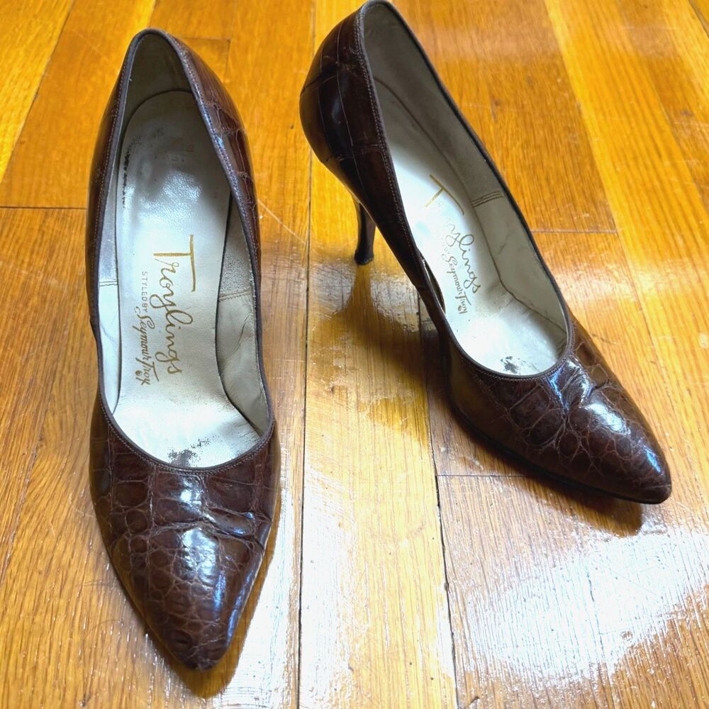Vtg 1950s Troylings Seymour Troy Brown Alligator Leather Stiletto Pumps Heels 6